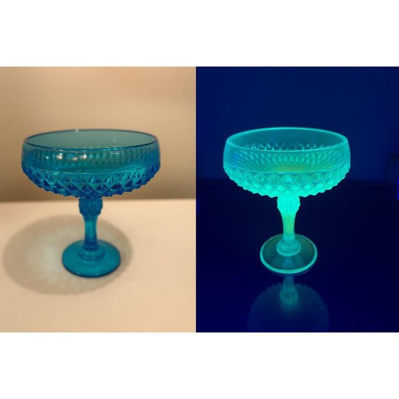 Indiana Glass Other - Indiana Glass Diamond Point Capri Blue Compote – UV Reactive Pedestal Candy Dish